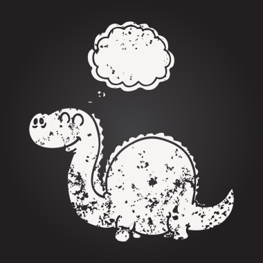 Tahta tebeşirle çizilmiş düşünce baloncuğu dinozor bir insan tarafından çizilmiş.