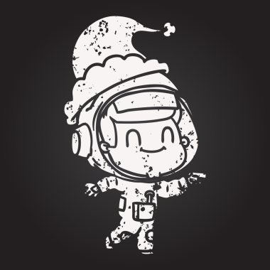 Tahta tebeşirle çizilmiş mutlu el çizimi Noel Baba şapkası takan astronot bir insan tarafından çizilmiş.