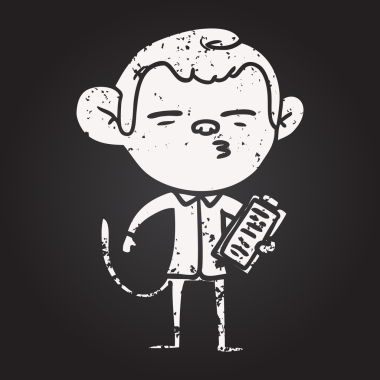 Bir insan tarafından çizilmiş kara tahta karikatür ofis maymunu.