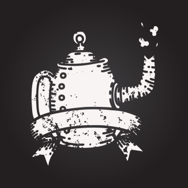 Siyah dövmeli karatahta parşömen afişi. Eski kahve demliği bir insan tarafından çizilmiş.