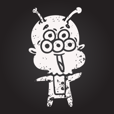 Kara tahta tebeşirle çizilmiş mutlu çizgi film uzaylısı bir insan tarafından çizilmiş