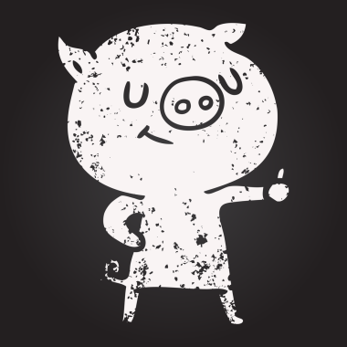 Karatahta tebeşirle çizilmiş mutlu çizgi film domuzu.