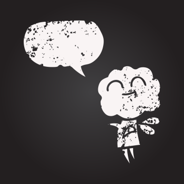 Kara tahta tebeşirle çizilmiş konuşma balonu çizgi filmi şirin bulut kafalı şeytan bir insan tarafından çizilmiş.