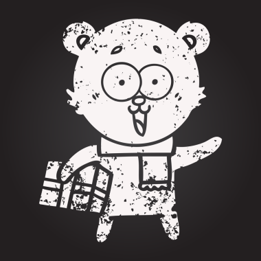 Karatahta tebeşirle gülen oyuncak ayı ve bir insan tarafından çizilmiş Noel hediyesi.