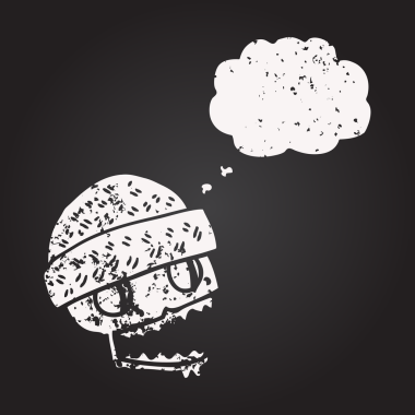 Tahta tebeşirle çizilmiş düşünce balonu kafatası bir insan tarafından çizilmiş şapka.