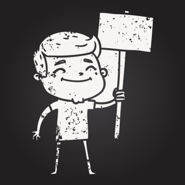 Karatahta tebeşirli mutlu karikatürcü bir insan tarafından çizilmiş.