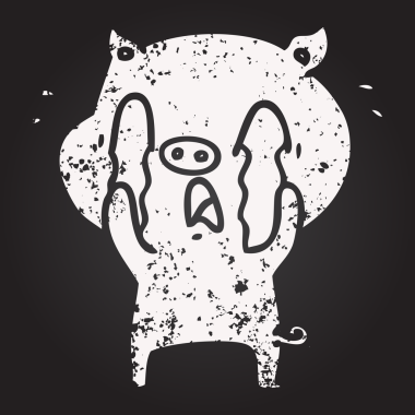 Bir insan tarafından çizilmiş karatahta ağlayan domuz çizgi filmi.