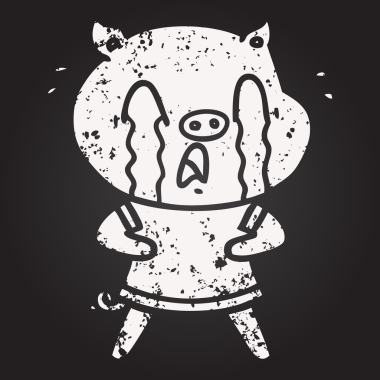 Tahta tebeşirle ağlayan domuz çizgi filmi insan kıyafetleri giymiş bir insan tarafından çizilmiş.