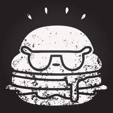 Bir insan tarafından çizilmiş güneş gözlüğü takan lezzetli bir burgerin karatahta karalaması.
