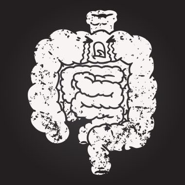 Kara tahta tebeşir karikatür bağırsakları bir insan tarafından çizilmiş.