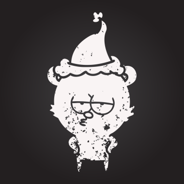 Karatahta tebeşir sıkılmış ayı eli çizilmiş Noel Baba şapkası giyen bir insan tarafından çizilmiş.