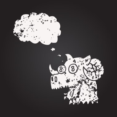 Karatahta el yazısıyla çizilmiş düşünce balonu çizgi film koçu kafası bir insan tarafından çizilmiş.