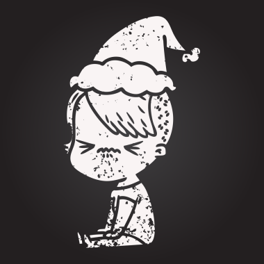 Karatahta tebeşirle çizilmiş, Noel Baba şapkası takan sinirli bir hippi kız bir insan tarafından çizilmiş.