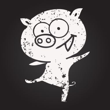 Kara tahta tebeşir, neşeli dans eden domuz çizgi filmi, bir insan tarafından çizilmiş.