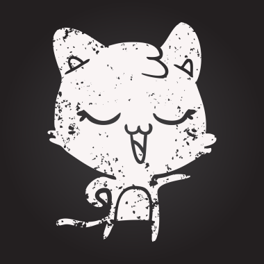 Bir insan tarafından çizilmiş kara tahta tebeşirli mutlu çizgi film kedisi.