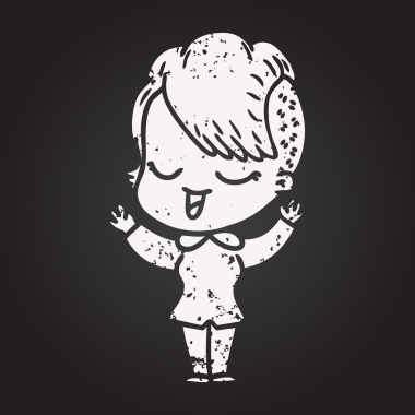 Bir insan tarafından çizilmiş kara tahta tebeşirli mutlu çizgi film kızı.