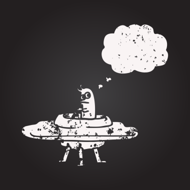 Tahta tebeşirle çizilmiş düşünce balonu uçan daire bir insan tarafından çizilmiş.