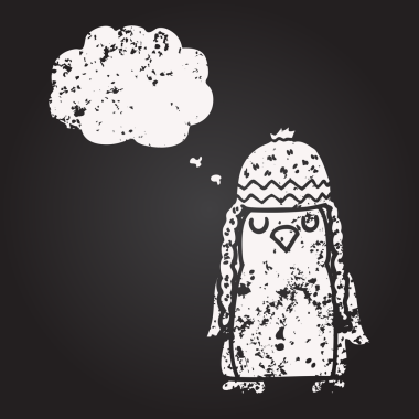 Kara tahta el yazısıyla çizilmiş düşünce balonu çizgi filmi Robin bir insan tarafından çizilmiş kış şapkası giyiyor.