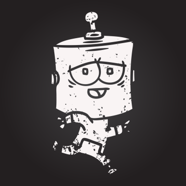 Bir insan tarafından çizilmiş kara tahta tebeşir çizgi film robotu.