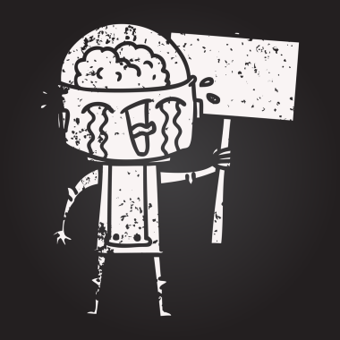 Bir insan tarafından çizilmiş karatahta karikatür ağlayan robot el sallama işareti