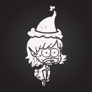 blackboard chalk hand drawn drawing of a shocked elf girl wearing santa hat drawn by a human