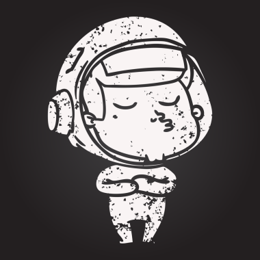 Tahta tebeşir karikatürü bir insan tarafından çizilmiş kendinden emin astronot.