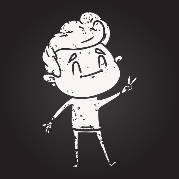 Karatahta tebeşirli mutlu çizgi film adamı bir insan tarafından çizilmiş barış işareti veriyor.