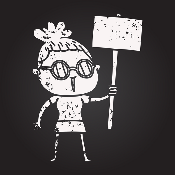 Bir insan tarafından çizilmiş gözlük takan kara tahta tebeşirli kadın.