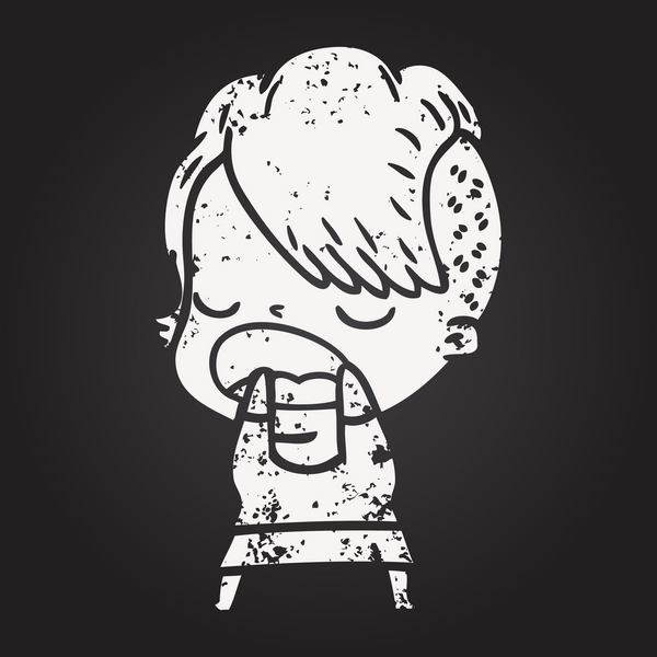 Karatahta tebeşir karikatürü. Havalı hippi kız bir insan tarafından çizilmiş.