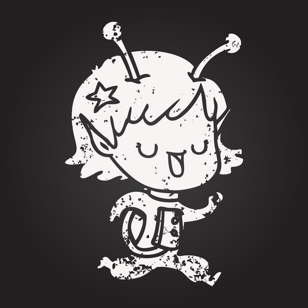 Kara tahta tebeşirle mutlu uzaylı kız çizgi filmi bir insan tarafından çizildi.