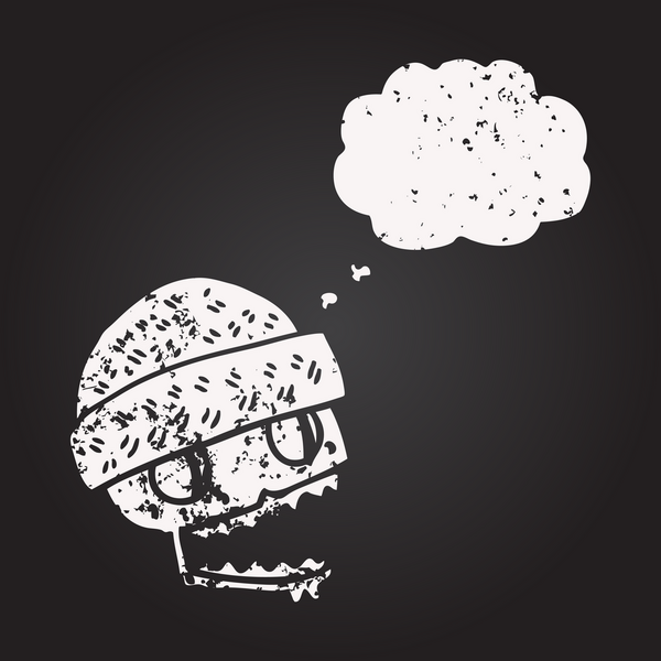 Tahta tebeşirle çizilmiş düşünce balonu kafatası bir insan tarafından çizilmiş şapka.
