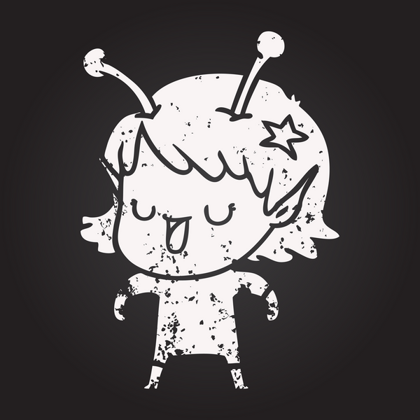 Kara tahta tebeşirle mutlu uzaylı kız çizgi filmi bir insan tarafından çizildi.