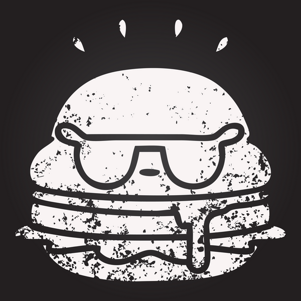 Bir insan tarafından çizilmiş güneş gözlüğü takan lezzetli bir burgerin karatahta karalaması.
