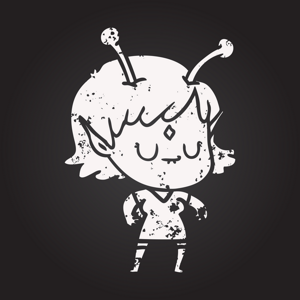 Bir insan tarafından çizilmiş kara tahta tebeşirli uzaylı kız.