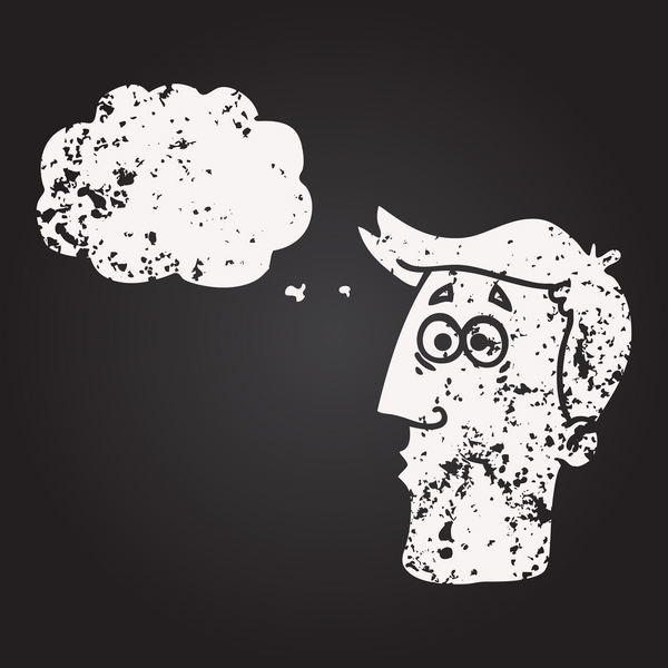 Tahta tebeşirle çizilmiş düşünce kabarcığı erkek yüzü bir insan tarafından çizilmiş.
