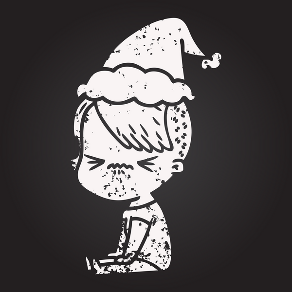 Karatahta tebeşirle çizilmiş, Noel Baba şapkası takan sinirli bir hippi kız bir insan tarafından çizilmiş.