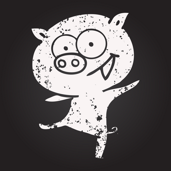 Kara tahta tebeşir, neşeli dans eden domuz çizgi filmi, bir insan tarafından çizilmiş.