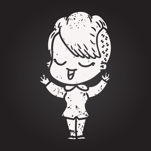 Bir insan tarafından çizilmiş kara tahta tebeşirli mutlu çizgi film kızı.