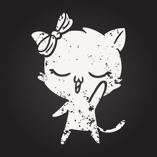 Karatahta tebeşir çizgi film kedisi. Başında bir insan tarafından çizilmiş bir fiyonk.