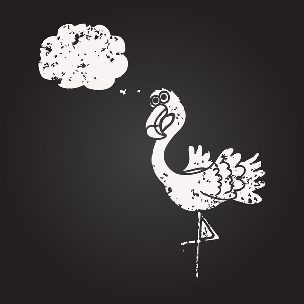 Tahta tebeşirle çizilmiş düşünce balonu flamingosu bir insan tarafından çizilmiş.