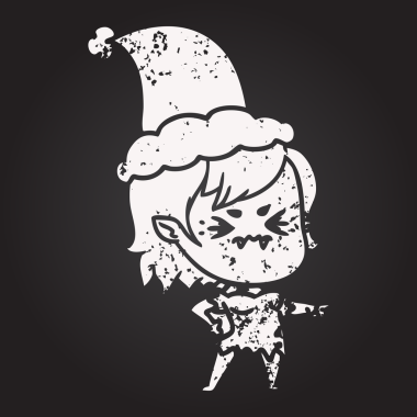 Kara tahta tebeşirle çizilmiş. Bir insan tarafından çizilmiş Noel Baba şapkası takan vampir bir kız çizilmiş.