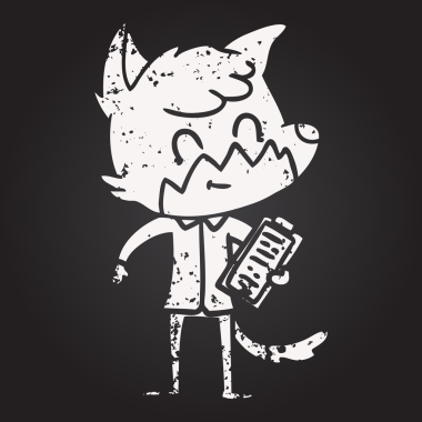 Karatahta tebeşir çizgi filmi mutlu tilki satıcısı bir insan tarafından çizilmiş.