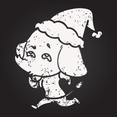 Bir insan tarafından çizilmiş Noel Baba şapkası giymiş bir filin karatahta el çizimi.