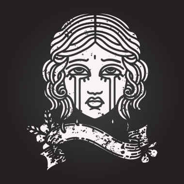 Karatahta tebeşirle geleneksel siyah çizgi dövmesi ve bir insan tarafından çizilmiş kadın yüzü dövmesi.