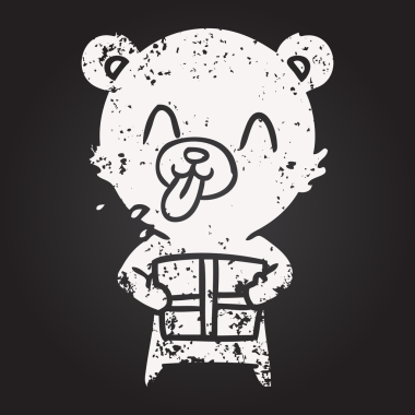 Kara tahta tebeşir kaba karikatür kutup ayısı bir insan tarafından çizilmiş bir hediyeyle dilini dışarı çıkarıyor.