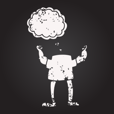 Tahta tebeşirle çizilmiş düşünce baloncuğu başsız adam bir insan tarafından çizilmiş.