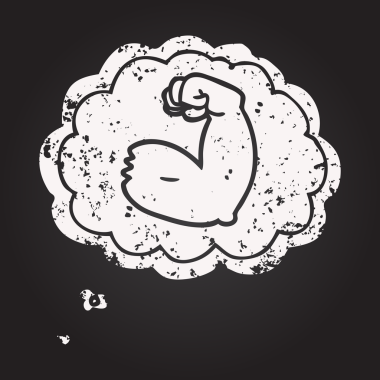 Tahta tebeşirle çizilmiş düşünce balonu çizgi filmi güçlü kol kasları bir insan tarafından çizilmiş.