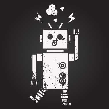 Karatahta bir insan tarafından çizilmiş çılgın bir robotun karikatürü.