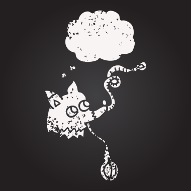 Tahta tebeşirle çizilmiş düşünce balonu köpeğinin tasması bir insan tarafından çizilmiş.