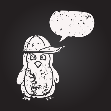Tahta tebeşir serbest konuşma balonu çizilmiş penguen insan şapkası takıyor.